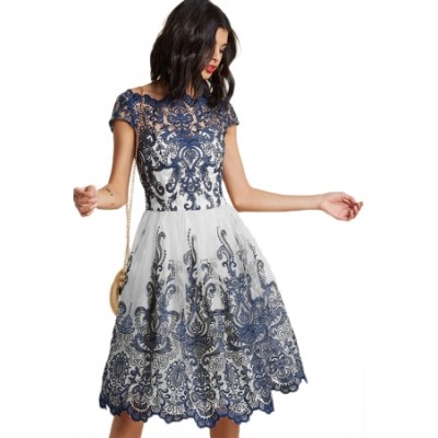 Dreamy Navy White Lace Embroidered Prom Dress